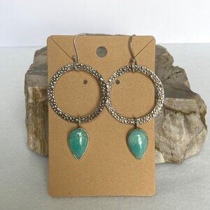 Sterling Silver 925 Hammered Hoop Teardrop Larimar Dangle Drop Earrings